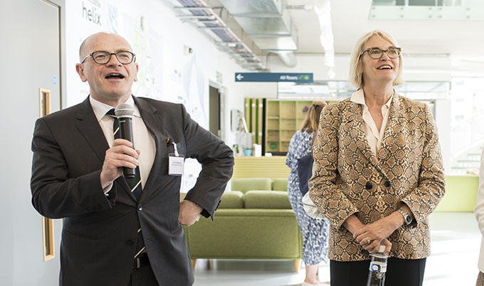 Professor John Fitzgerald, Head of the School of Computing at Newcastle University introducing Margot James, Minister for the Digital and Creative Industries to First Friday attendees. 